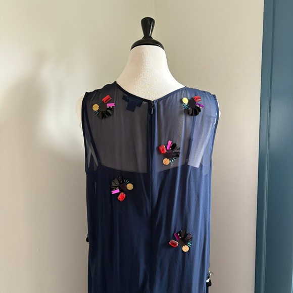 DKNY Sheer Embellished Sheath Silk Midi Dress Women's L Navy Holiday NYE Party - Picture 5 of 11